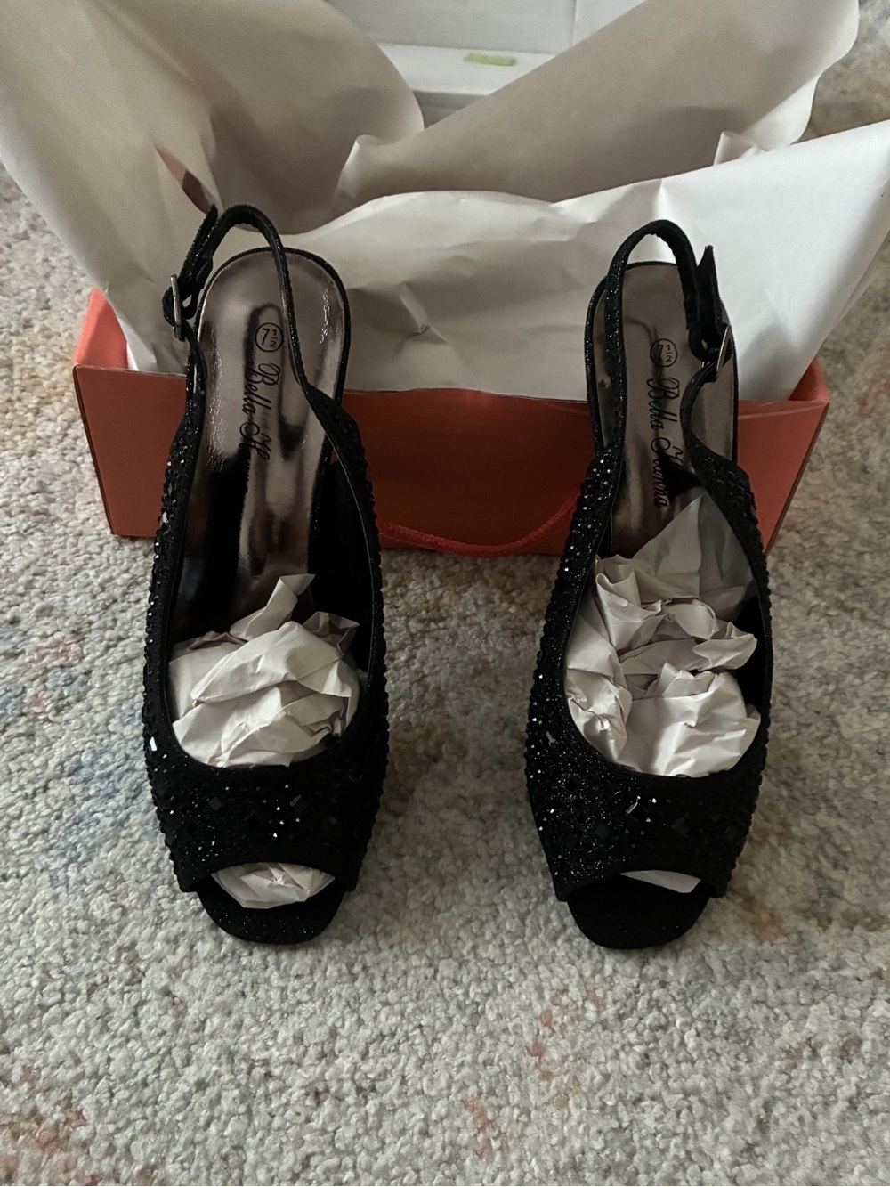 Black Glitter Peep-Toe Slingback Heels - Women Size 7.5